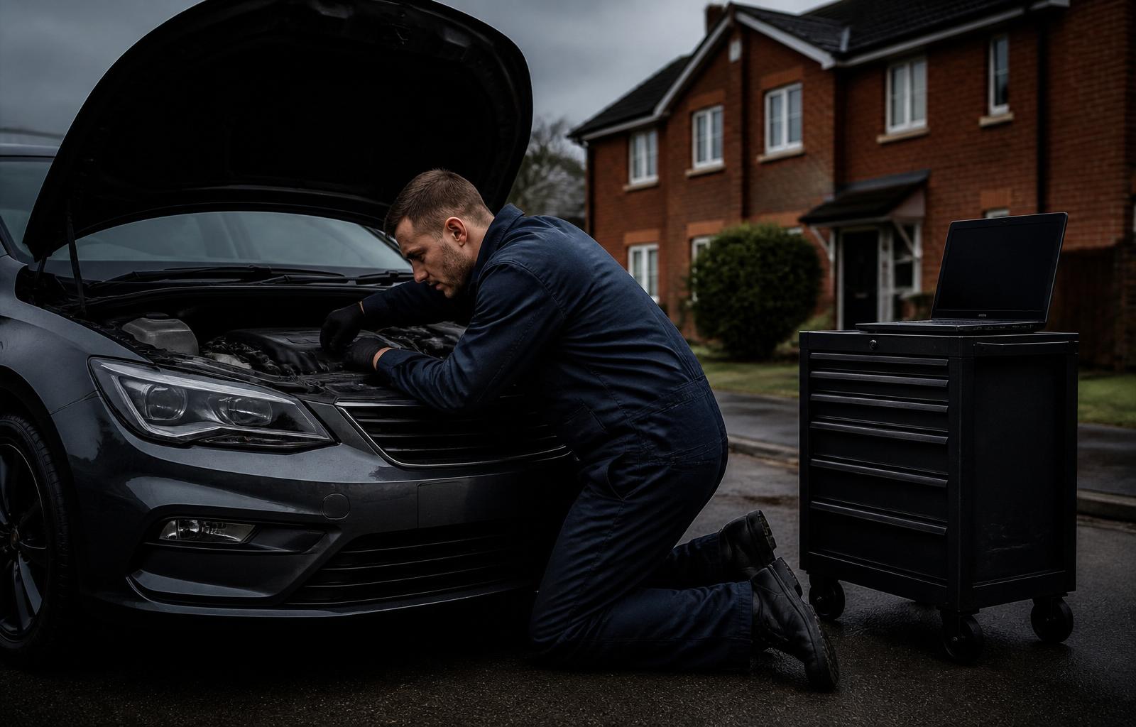 MB Auto Solutions mobile mechanic replacing a wet timing belt on a customer's driveway in Canterbury, Kent